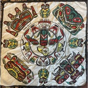 Vintage scarf w/ Native Canadian Haida art carving symbol frog fish eagle whale